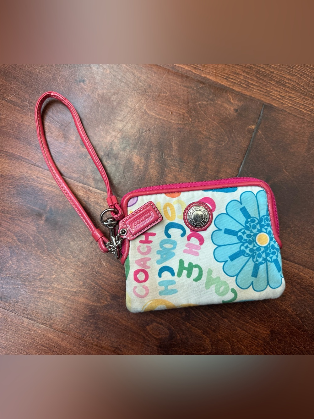 Coach Y2K Poppy Multicolor Pink Floral Wristlet in Pink Trim